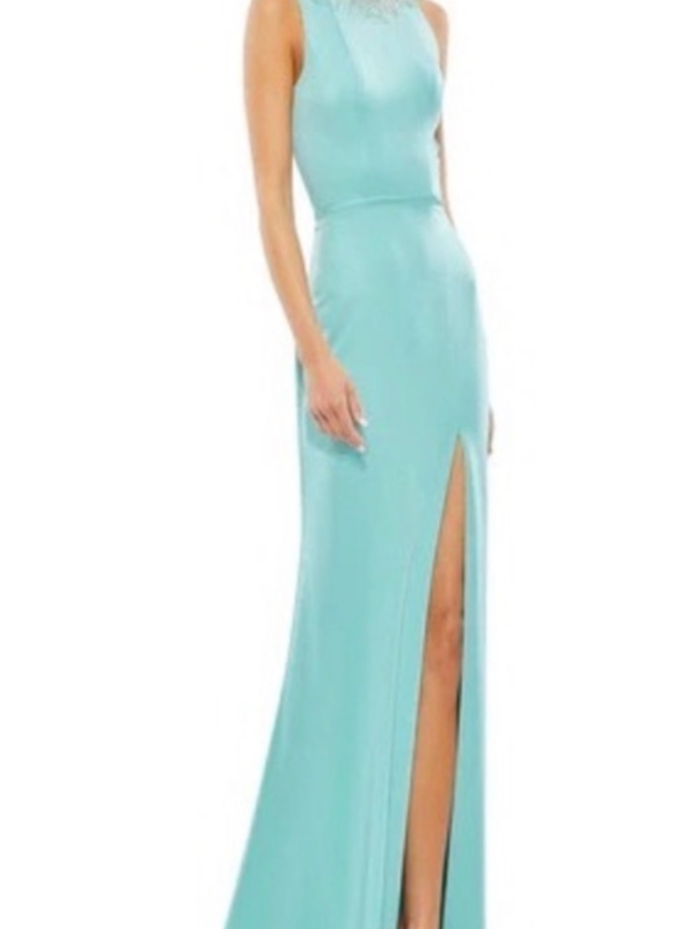 Mac Duggal Aqua High Neck Rhinestone Column Gown With Slit Size 14 style 26516